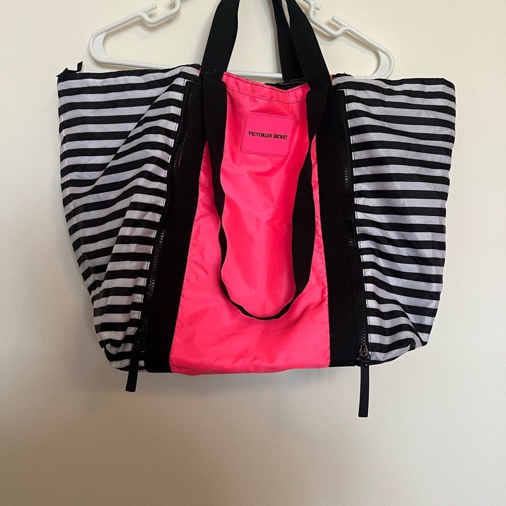 Victoria's Secret Neon Pink and Black Striped Tote